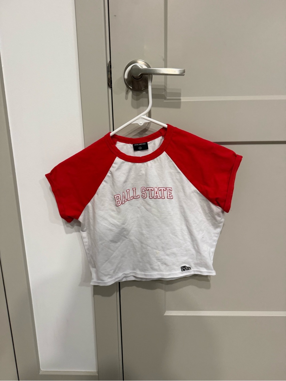 Red & White 'Ball State' Raglan Crop Tee
